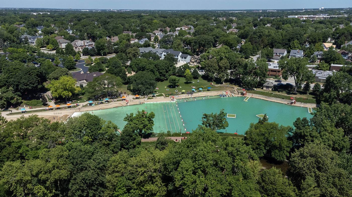 Aerial view of Centennial Beach, Naperville's former limestone quarry turned swimming beach